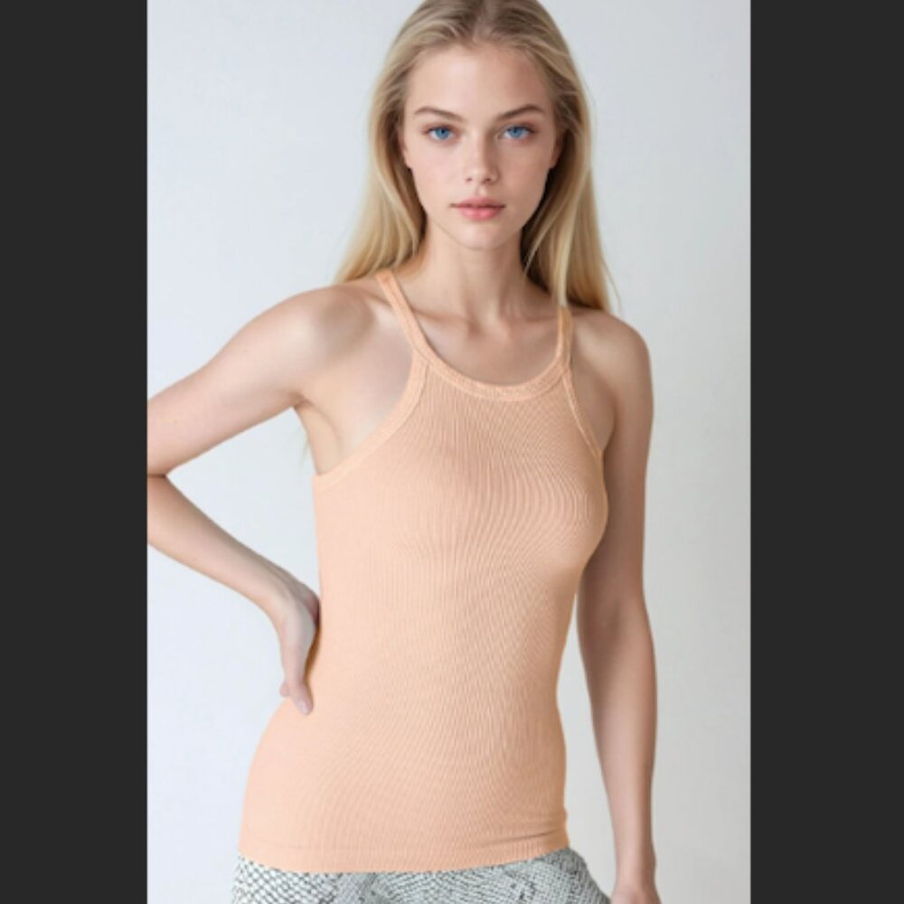 New Light Orange Ribbed and Stretchy High Neck Tank Top by Nikibiki